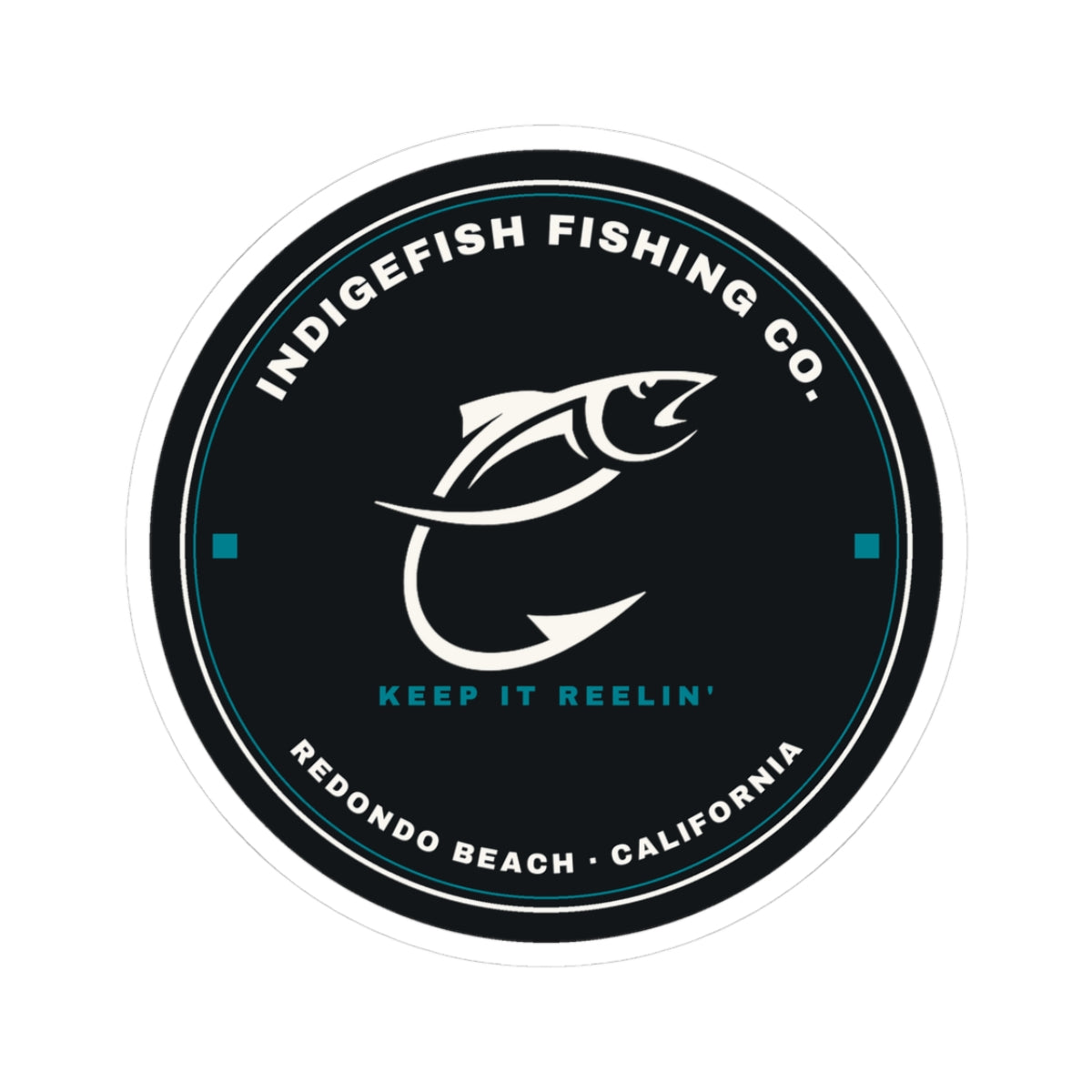 Round Fishing Sticker — IndigeFish Black Seal Badge