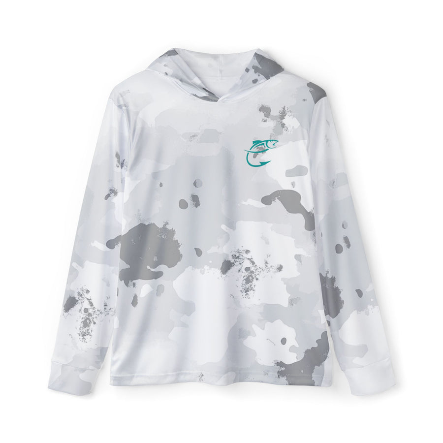 IndigeFish Arctic Camo UPF 50+ performance fishing hoodie in white and grey camo