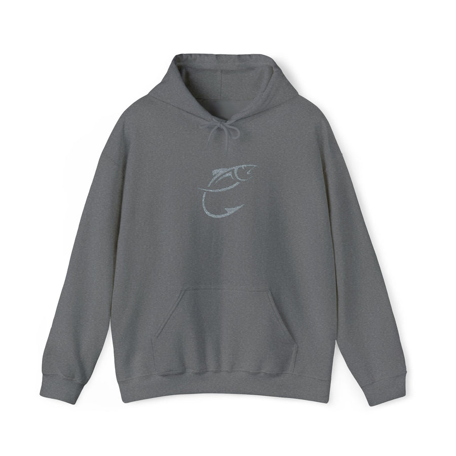 IndigeFish Tonal Hook Logo Hoodie in Graphite Heather, front view with the tonal hook on the chest