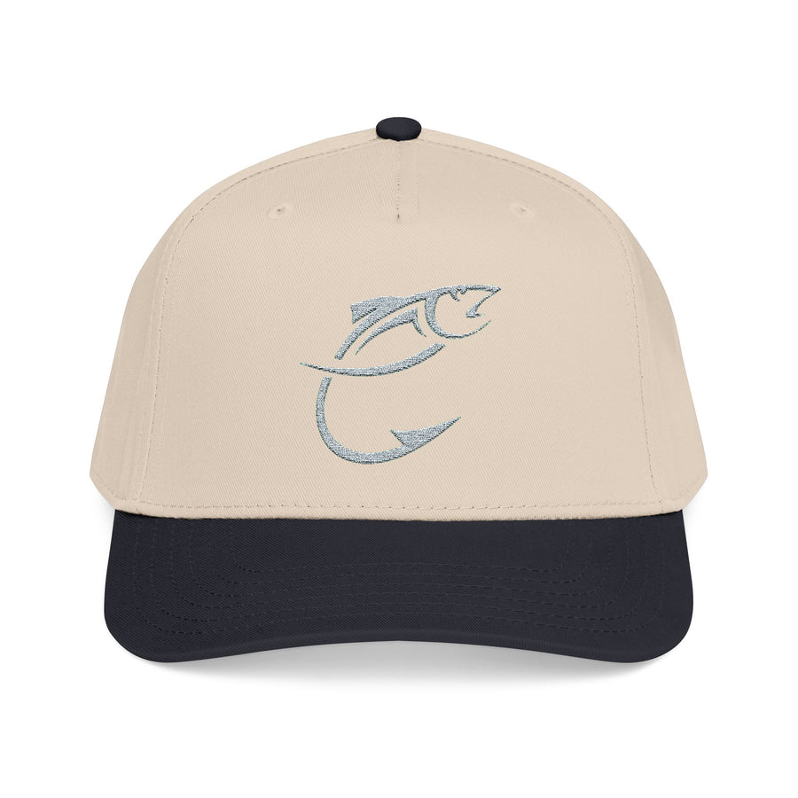 IndigeFish Hook Logo baseball cap with a natural crown and navy brim