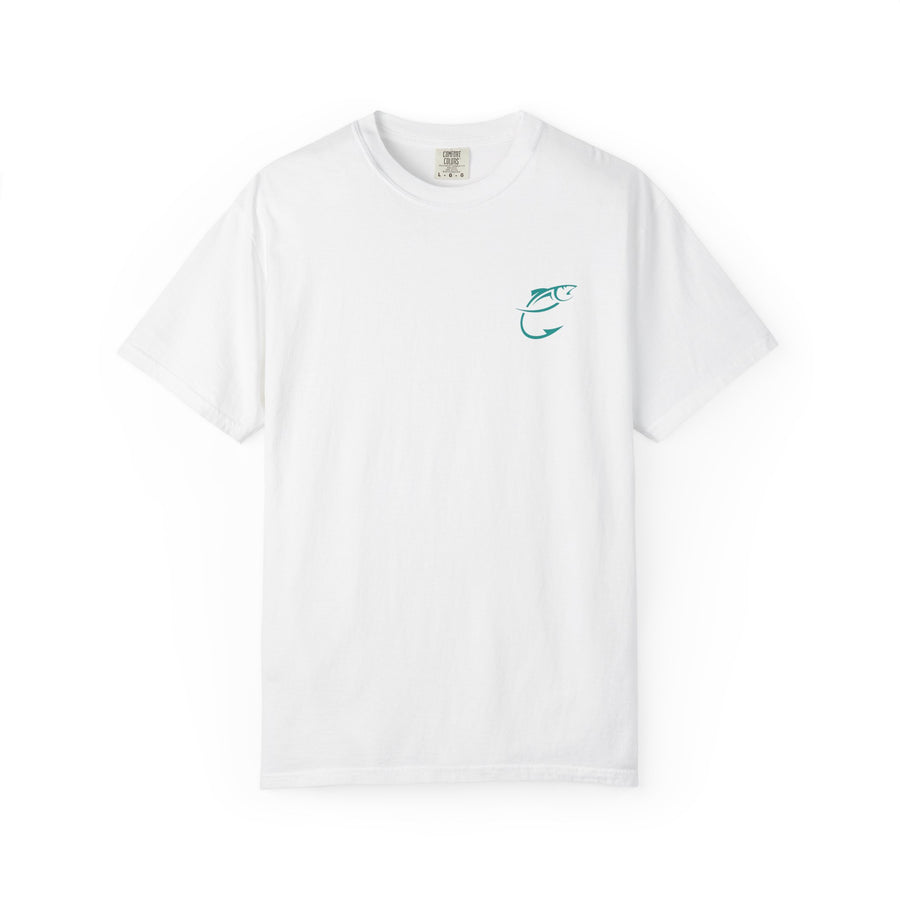 IndigeFish Hook Logo Garment-Dyed Tee with a small teal hook on the left chest