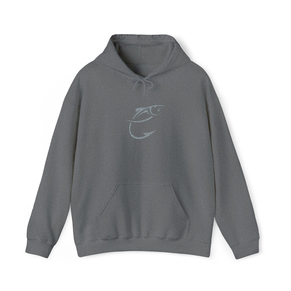 IndigeFish Tonal Hook Logo Hoodie in Graphite Heather, front view with the tonal hook on the chest