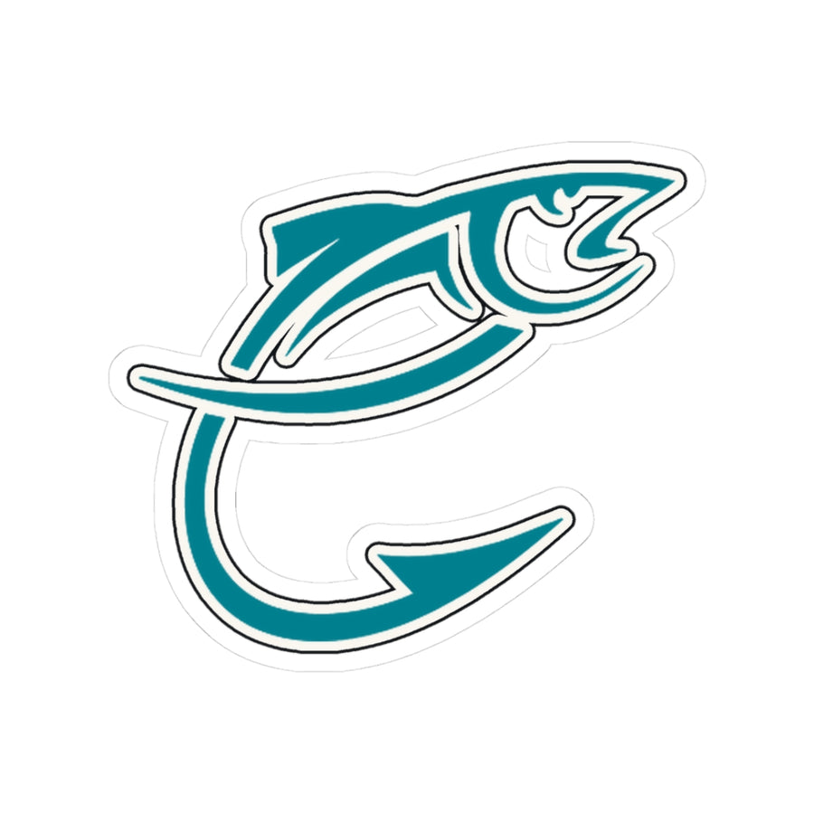 Teal Fish Hook Sticker — Die-Cut Fish and Hook Decal